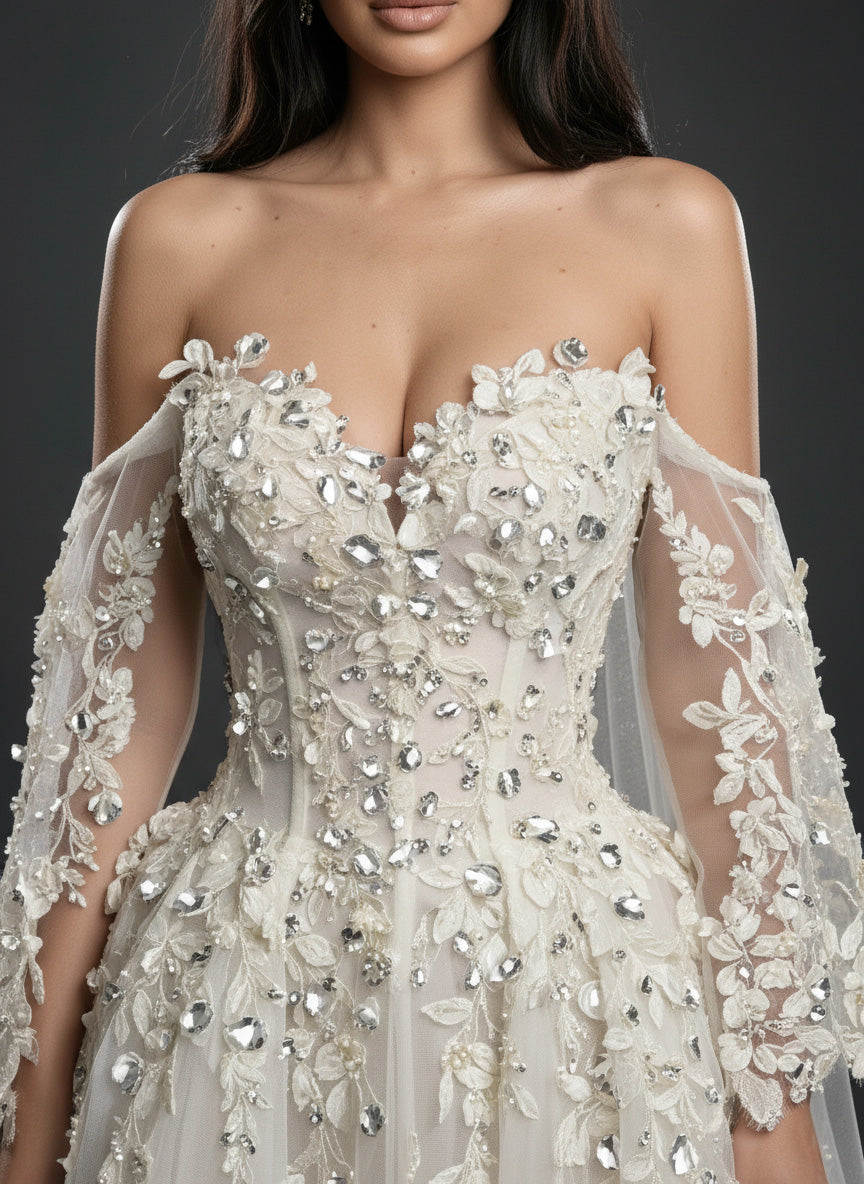 Ivory Floral Embellished A-Line Wedding Gown – Strapless Corset Bridal Dress with Crystal Beading & Detachable Tulle Sleeves