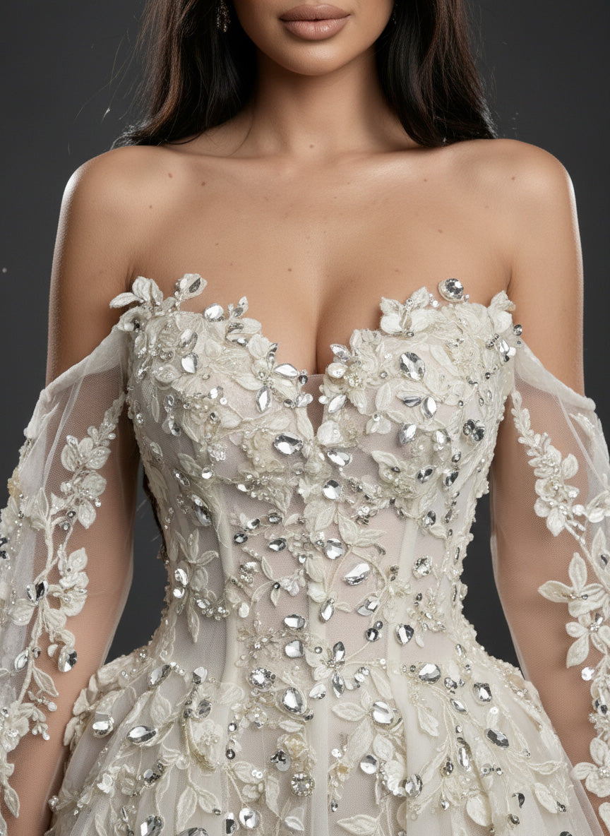 Ivory Floral Embellished A-Line Wedding Gown – Strapless Corset Bridal Dress with Crystal Beading & Detachable Tulle Sleeves