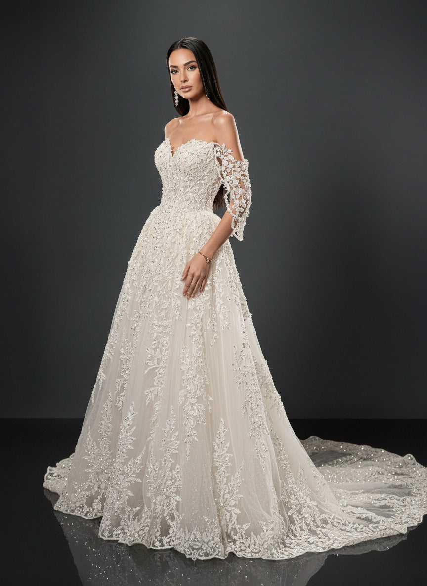 Ivory Lace A-Line Wedding Gown – Off-Shoulder Corset Bridal Dress with Crystal Embellishments & Lace-Up Back