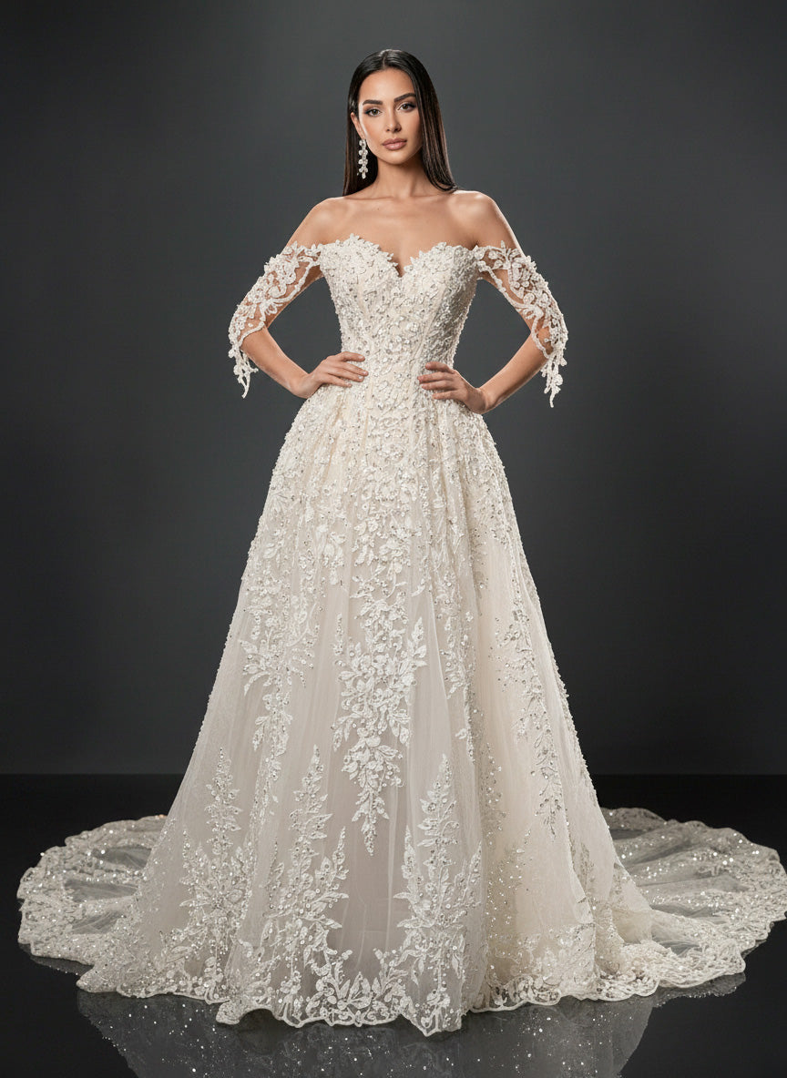 Ivory Lace A-Line Wedding Gown – Off-Shoulder Corset Bridal Dress with Crystal Embellishments & Lace-Up Back