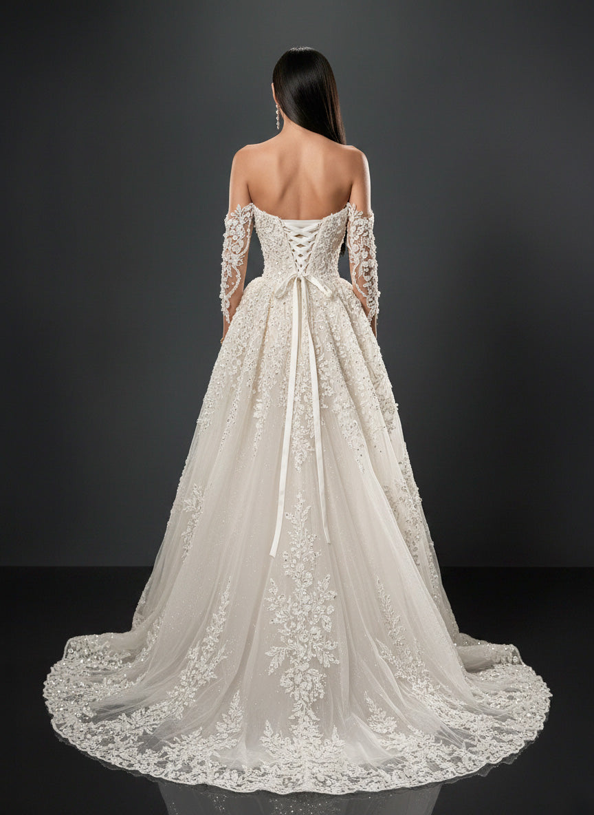 Ivory Lace A-Line Wedding Gown – Off-Shoulder Corset Bridal Dress with Crystal Embellishments & Lace-Up Back