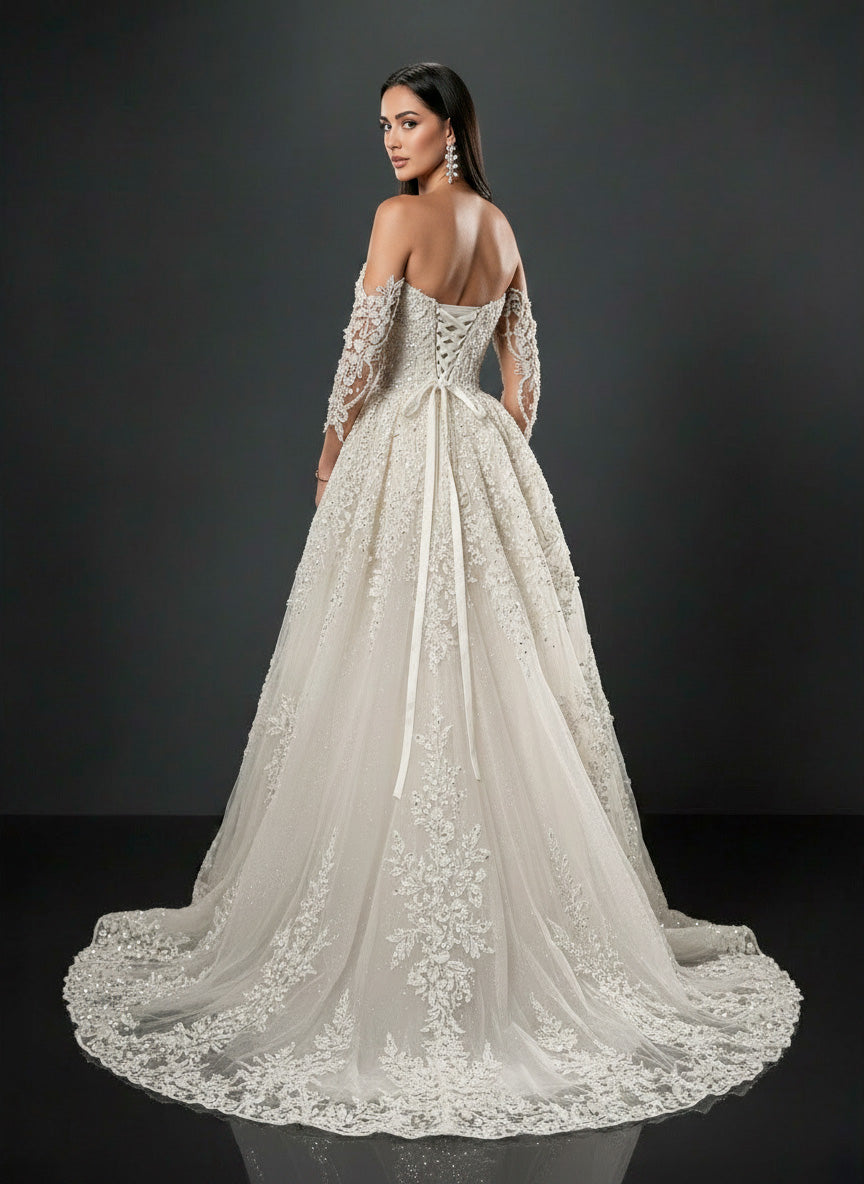 Ivory Lace A-Line Wedding Gown – Off-Shoulder Corset Bridal Dress with Crystal Embellishments & Lace-Up Back