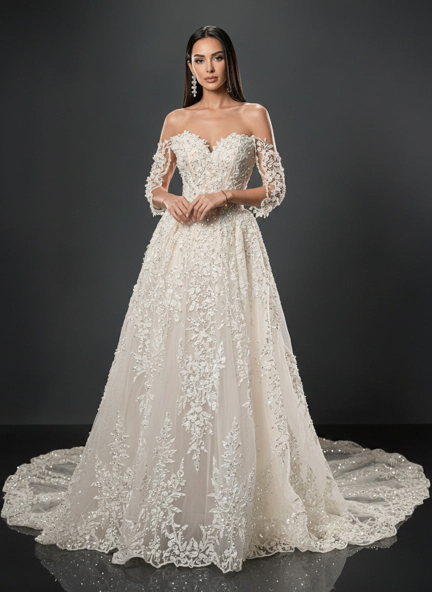 Ivory Lace A-Line Wedding Gown – Off-Shoulder Corset Bridal Dress with Crystal Embellishments & Lace-Up Back