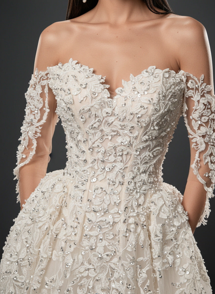 Ivory Lace A-Line Wedding Gown – Off-Shoulder Corset Bridal Dress with Crystal Embellishments & Lace-Up Back