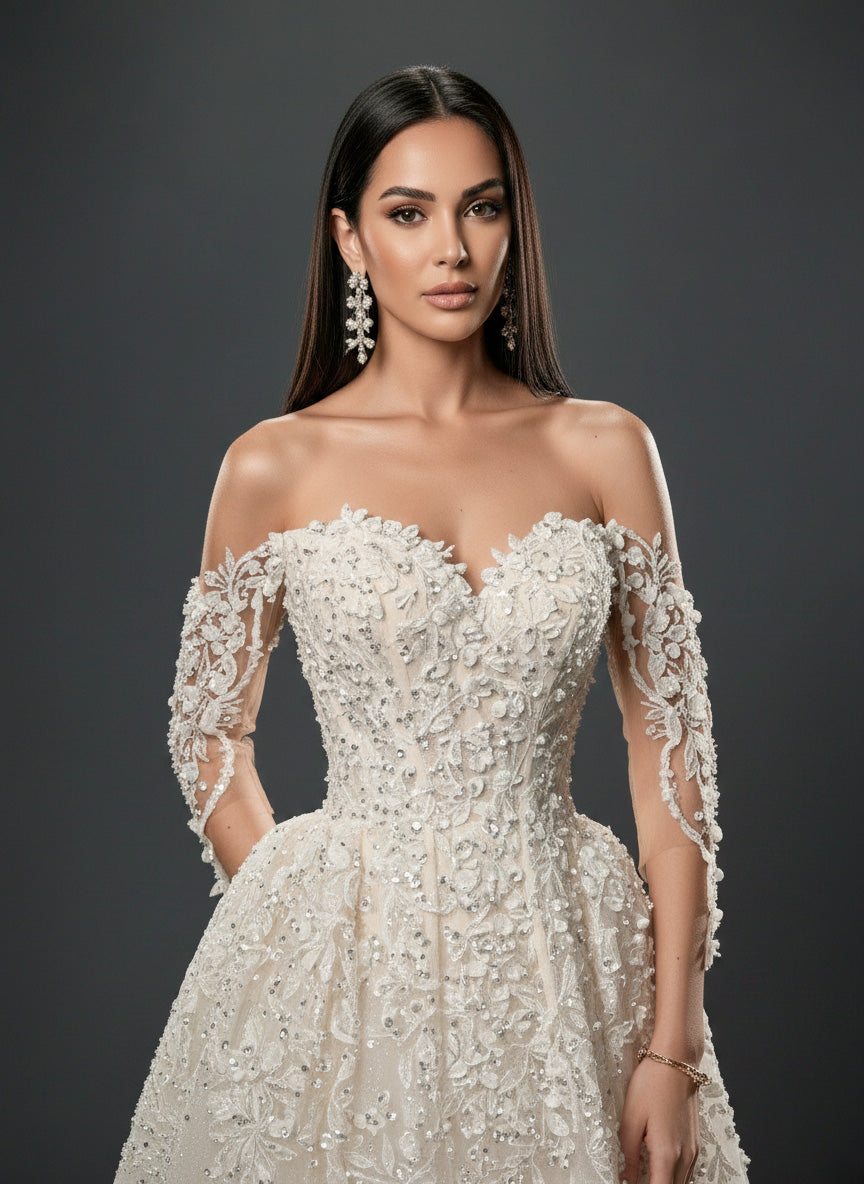 Ivory Lace A-Line Wedding Gown – Off-Shoulder Corset Bridal Dress with Crystal Embellishments & Lace-Up Back