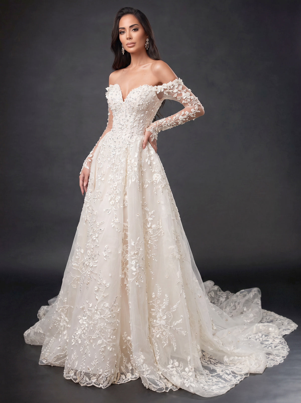 Ivory Off-Shoulder A-Line Wedding Gown – Sweetheart Corset Bridal Dress with Floral Lace, Crystals & Long Sleeves