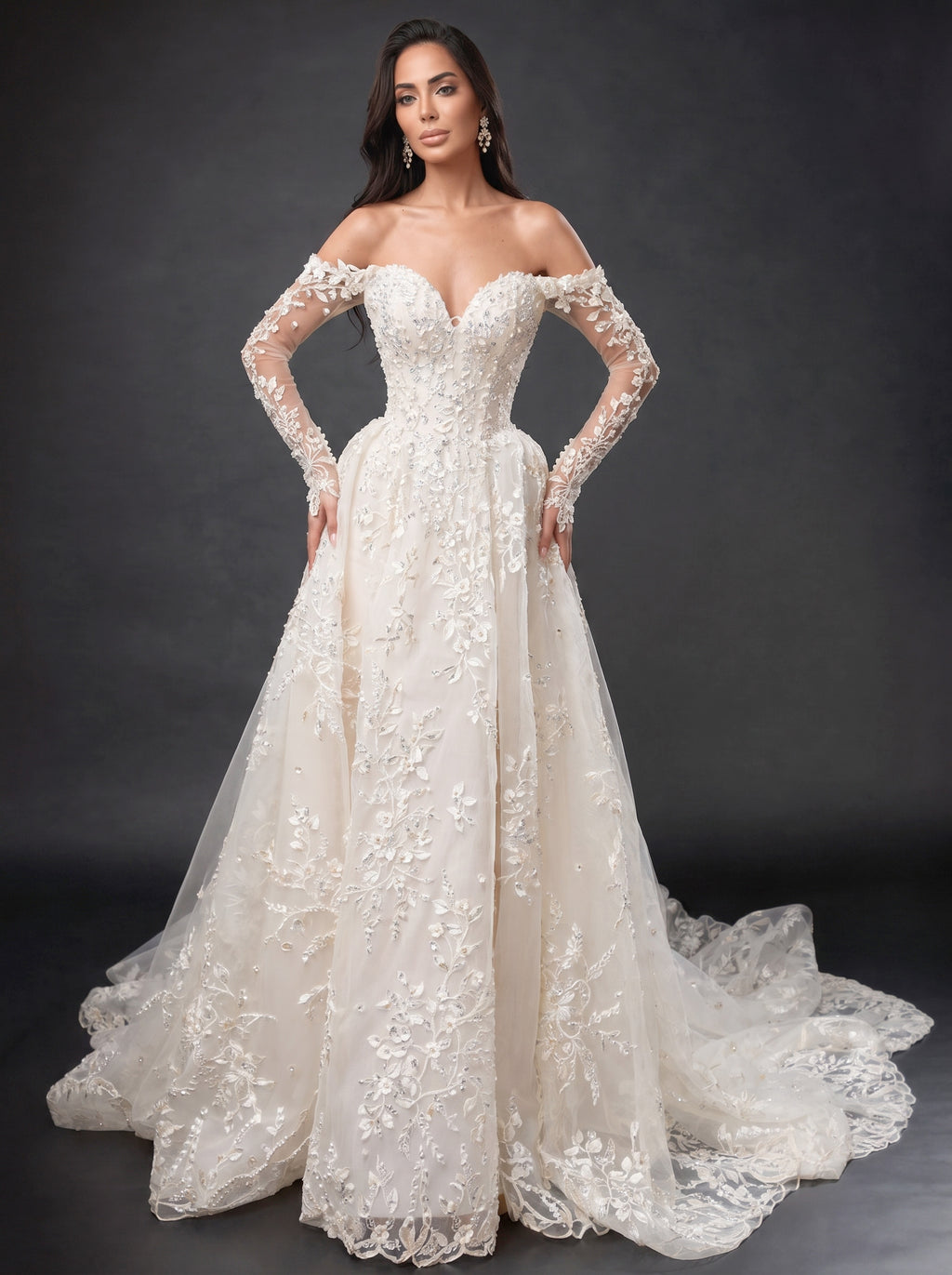 Ivory Off-Shoulder A-Line Wedding Gown – Sweetheart Corset Bridal Dress with Floral Lace, Crystals & Long Sleeves