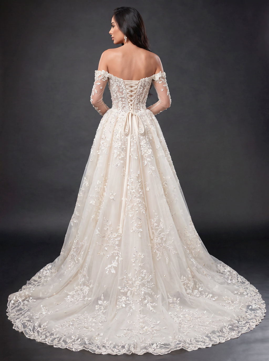 Ivory Off-Shoulder A-Line Wedding Gown – Sweetheart Corset Bridal Dress with Floral Lace, Crystals & Long Sleeves