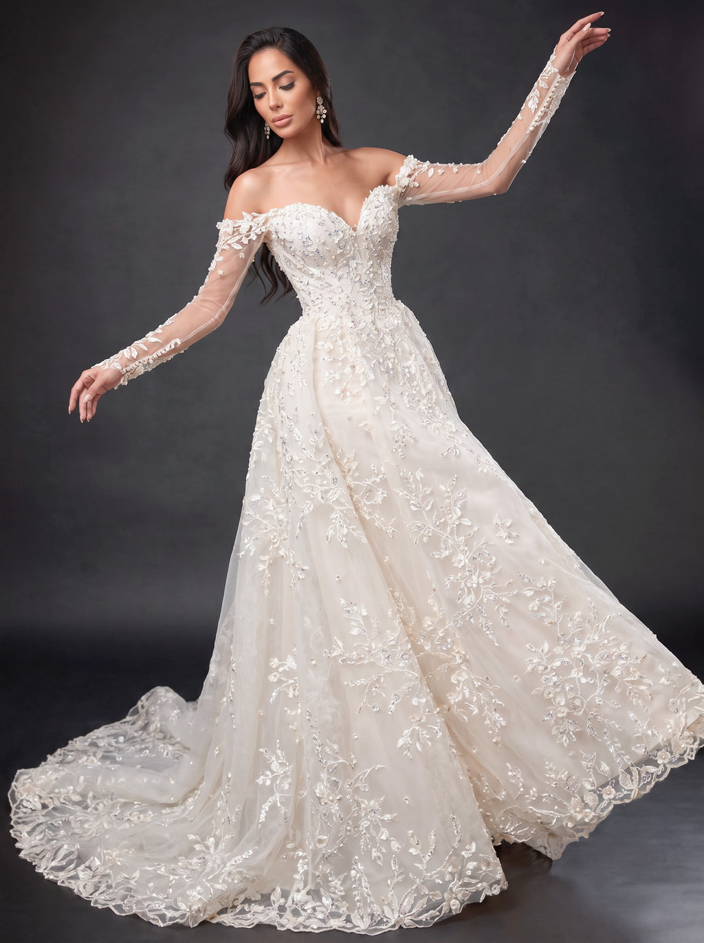 Ivory Off-Shoulder A-Line Wedding Gown – Sweetheart Corset Bridal Dress with Floral Lace, Crystals & Long Sleeves