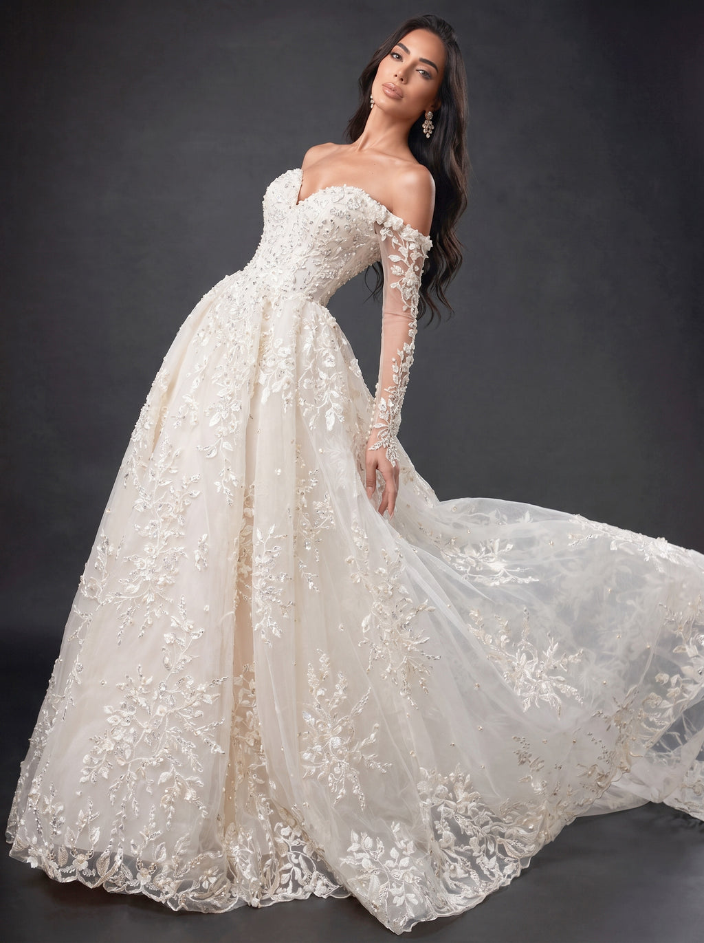 Ivory Off-Shoulder A-Line Wedding Gown – Sweetheart Corset Bridal Dress with Floral Lace, Crystals & Long Sleeves