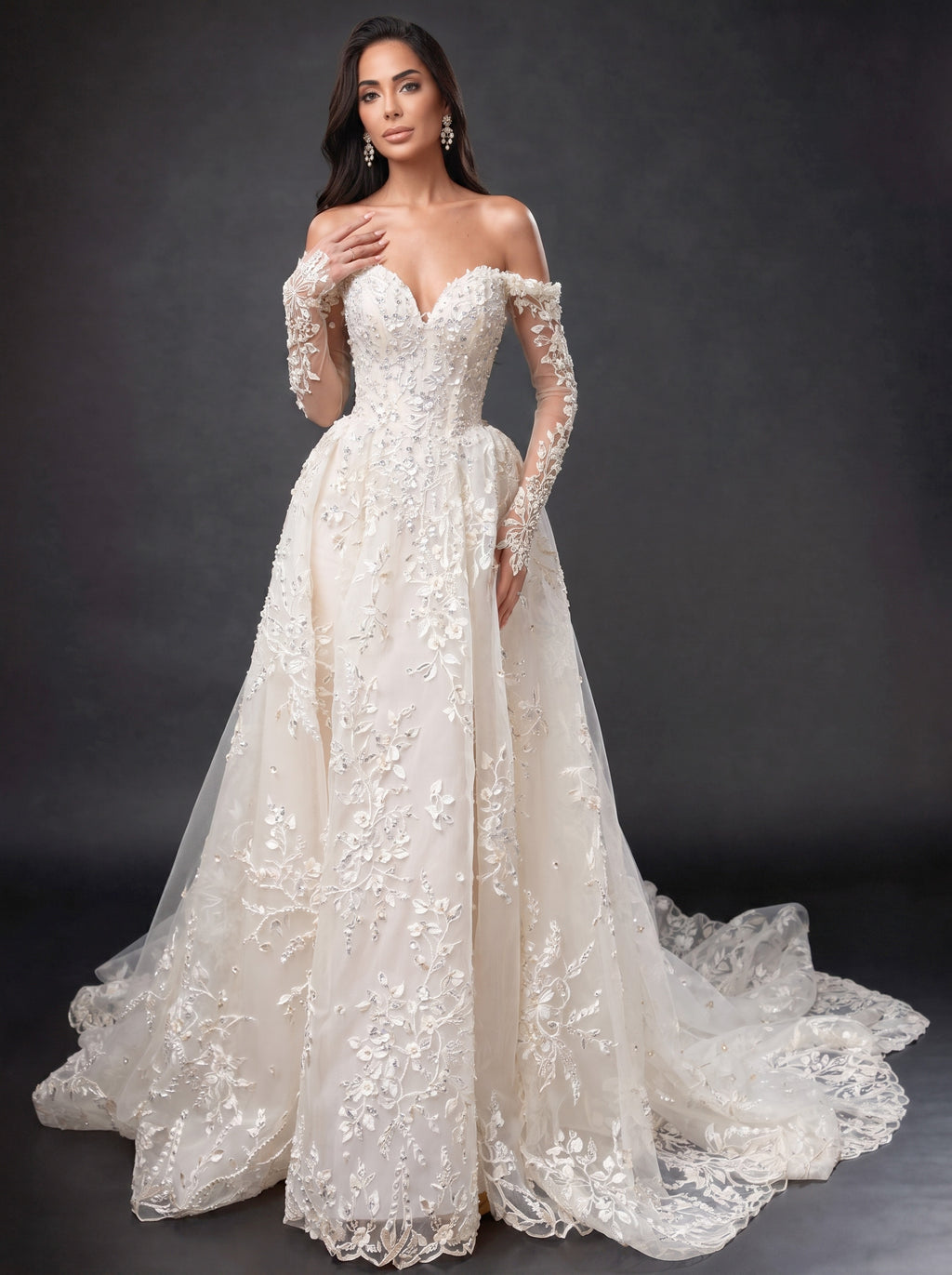 Ivory Off-Shoulder A-Line Wedding Gown – Sweetheart Corset Bridal Dress with Floral Lace, Crystals & Long Sleeves