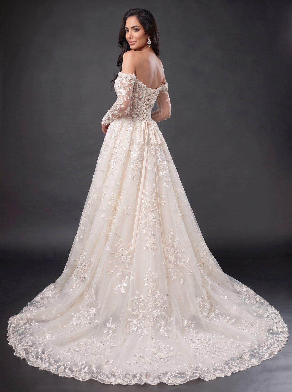 Ivory Off-Shoulder A-Line Wedding Gown – Sweetheart Corset Bridal Dress with Floral Lace, Crystals & Long Sleeves
