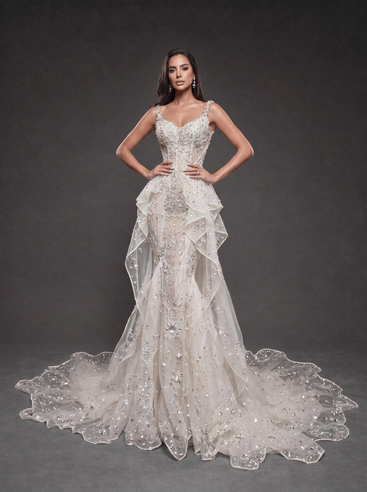Ivory Crystal Embellished Mermaid Wedding Gown – Corset Bridal Dress with Ruffled Tulle Overskirt & Train