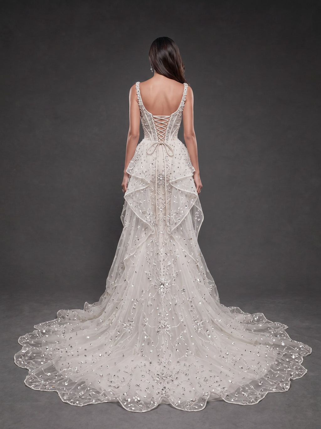 Ivory Crystal Embellished Mermaid Wedding Gown – Corset Bridal Dress with Ruffled Tulle Overskirt & Train