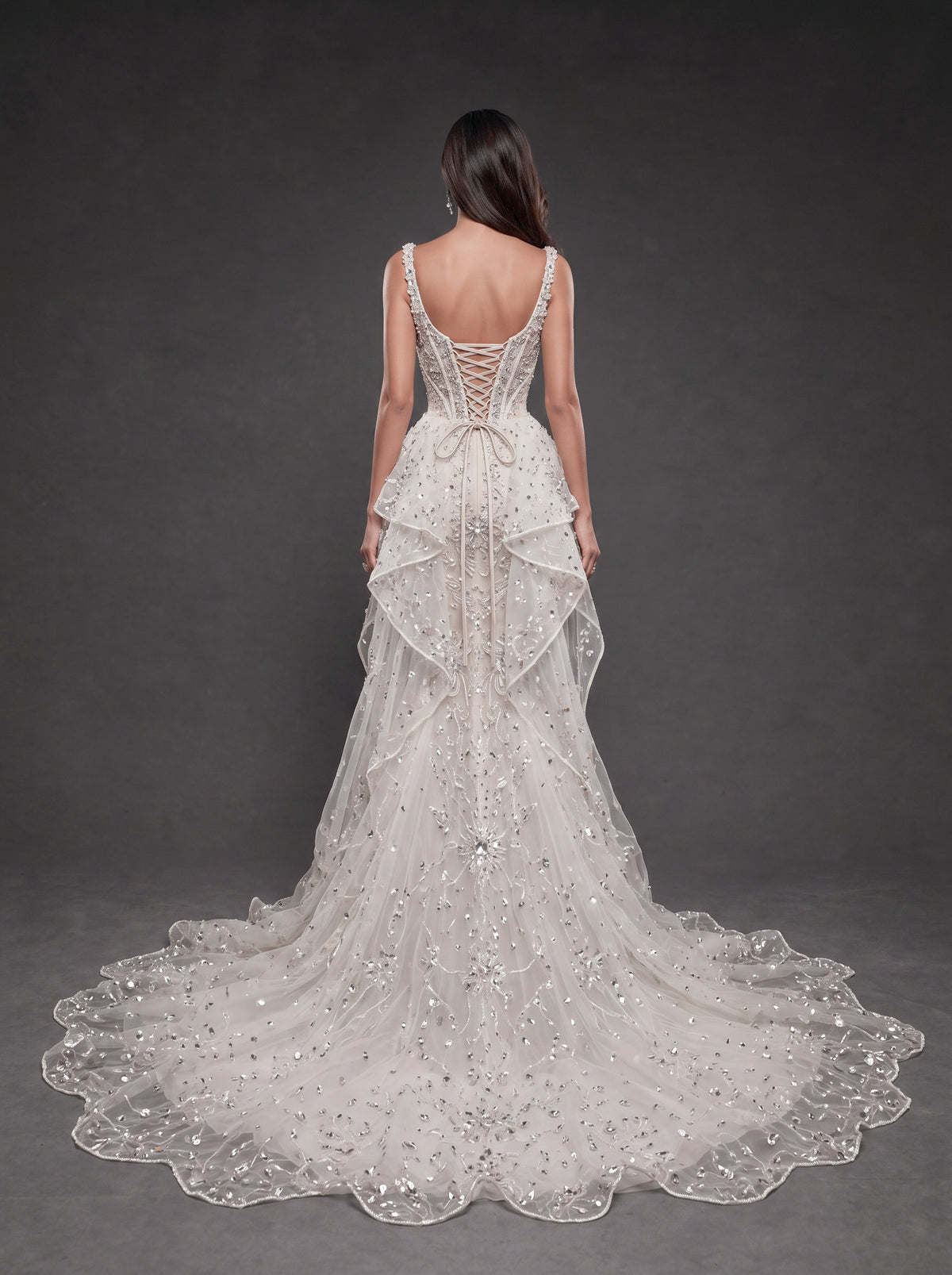 Ivory Crystal Embellished Mermaid Wedding Gown – Corset Bridal Dress with Ruffled Tulle Overskirt & Train