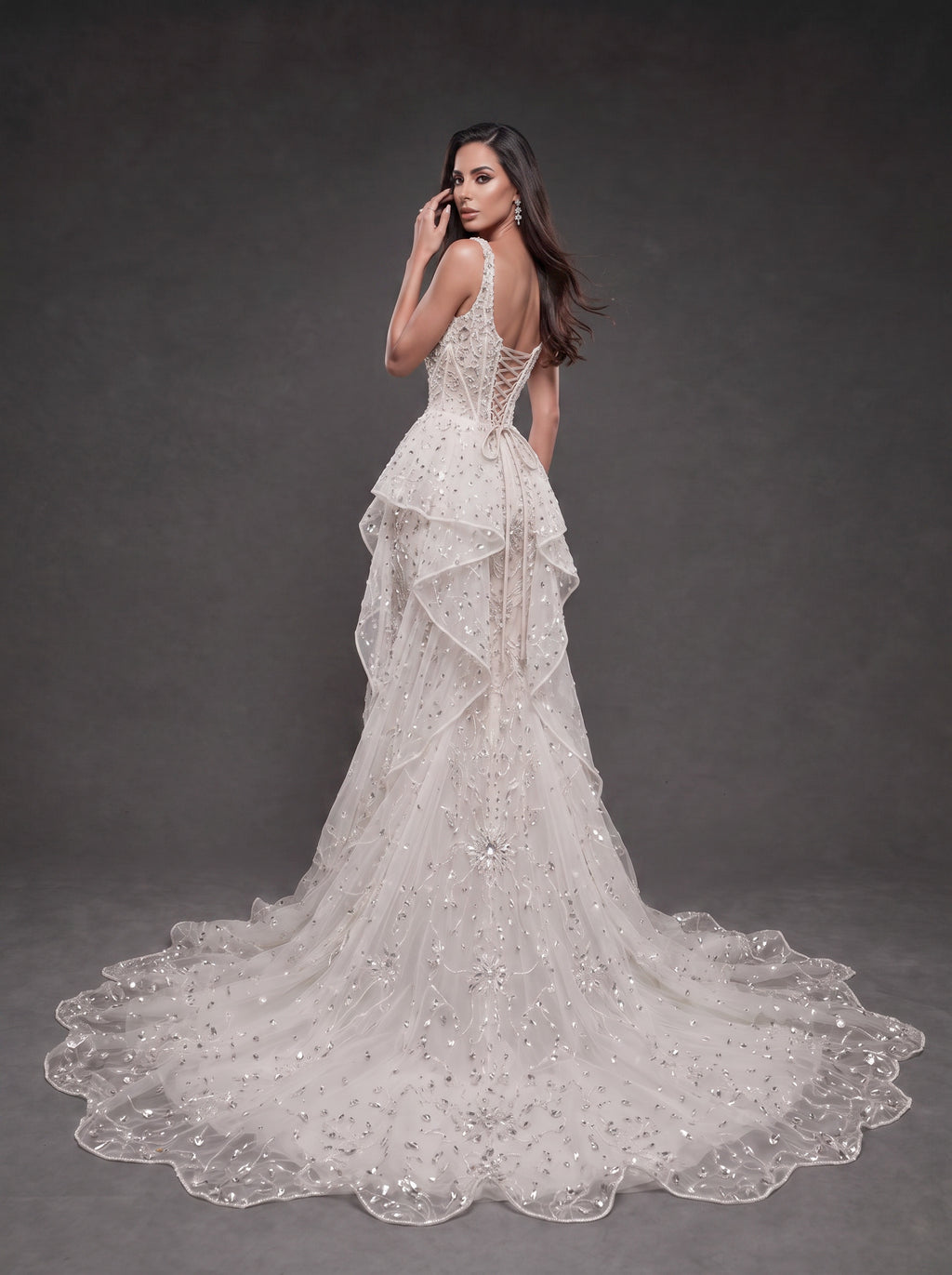 Ivory Crystal Embellished Mermaid Wedding Gown – Corset Bridal Dress with Ruffled Tulle Overskirt & Train