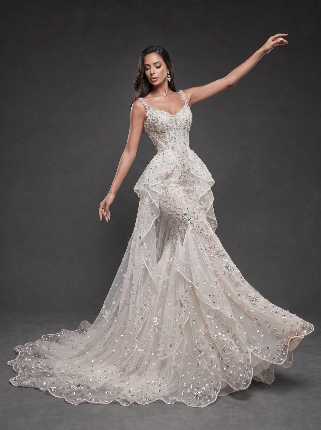 Ivory Crystal Embellished Mermaid Wedding Gown – Corset Bridal Dress with Ruffled Tulle Overskirt & Train