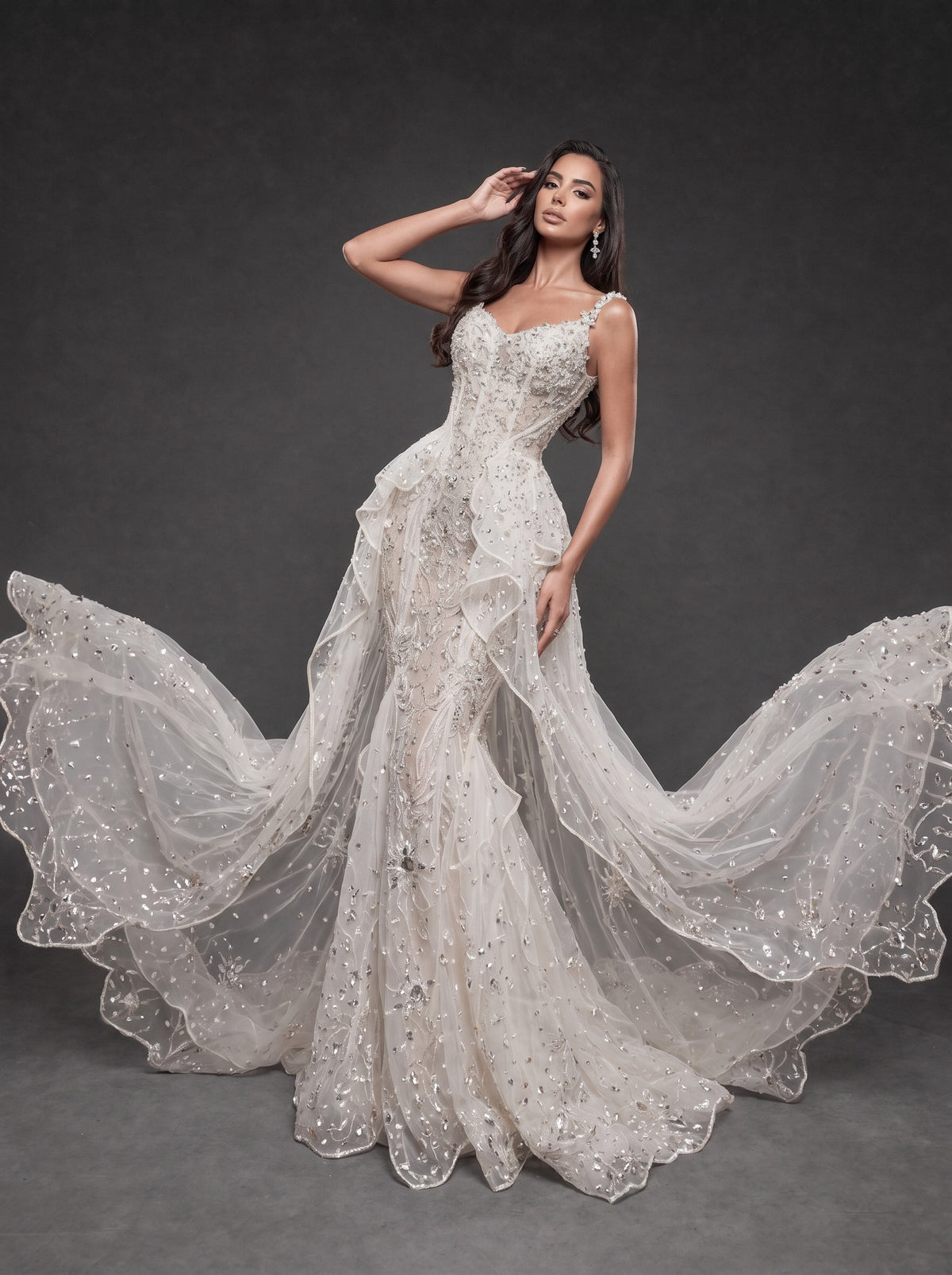 Ivory Crystal Embellished Mermaid Wedding Gown – Corset Bridal Dress with Ruffled Tulle Overskirt & Train