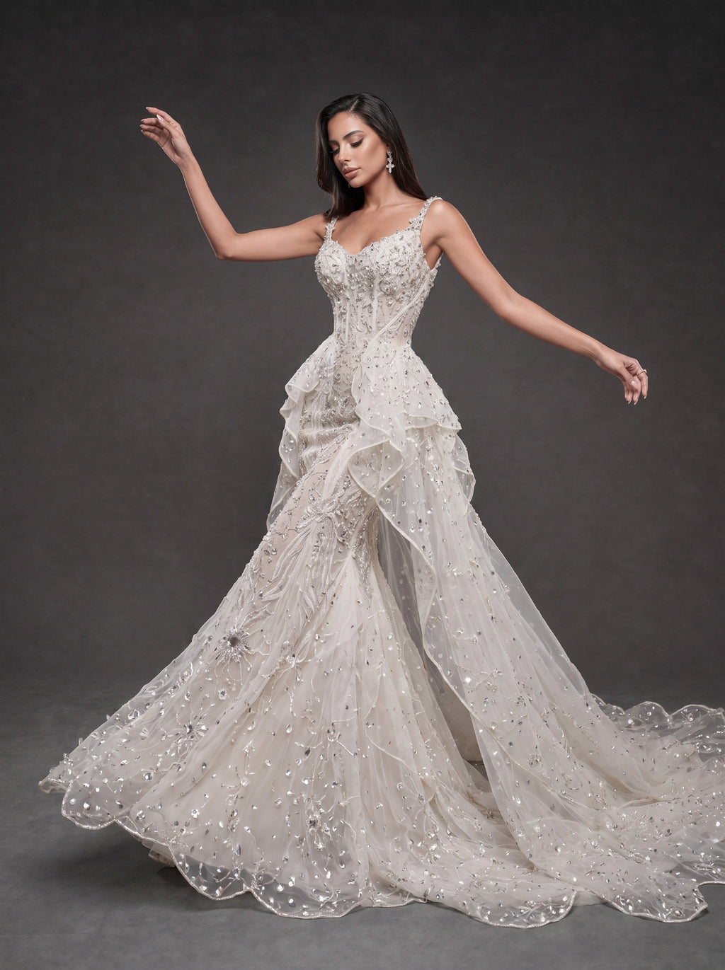 Ivory Crystal Embellished Mermaid Wedding Gown – Corset Bridal Dress with Ruffled Tulle Overskirt & Train
