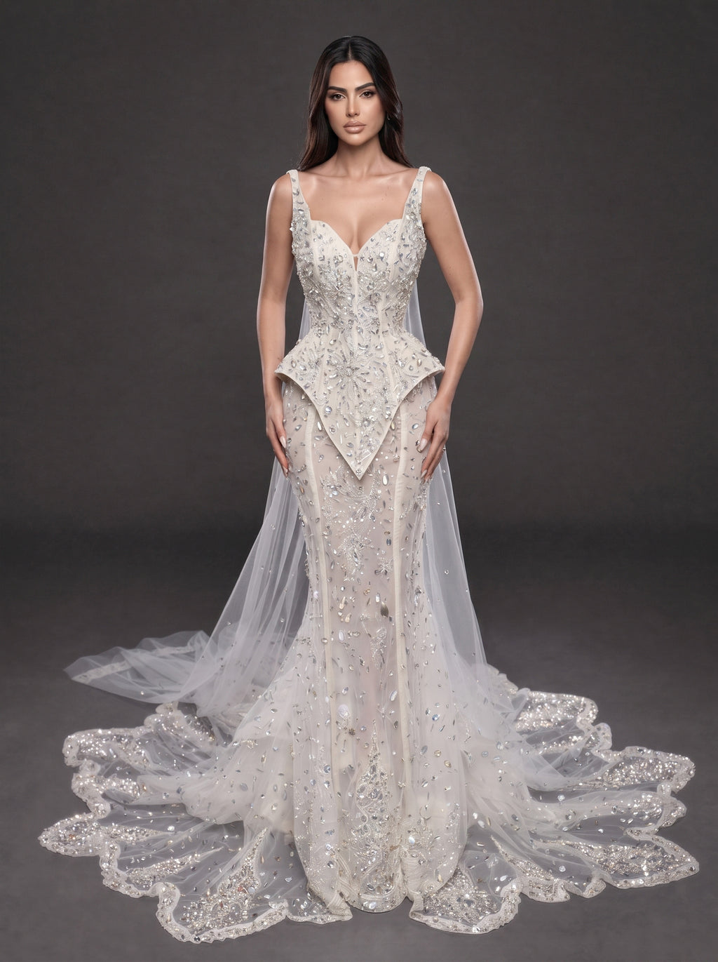 Ivory Crystal Embellished Corset Wedding Gown – Fitted Bridal Dress with Draped Tulle Cape & Train