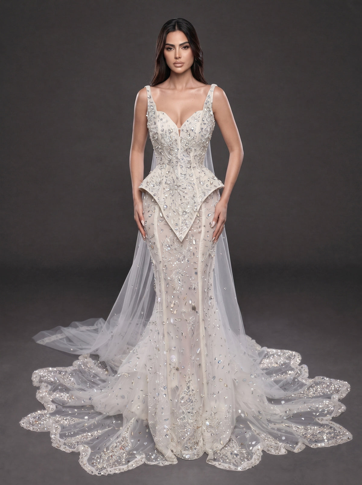 Ivory Crystal Embellished Corset Wedding Gown – Fitted Bridal Dress with Draped Tulle Cape & Train