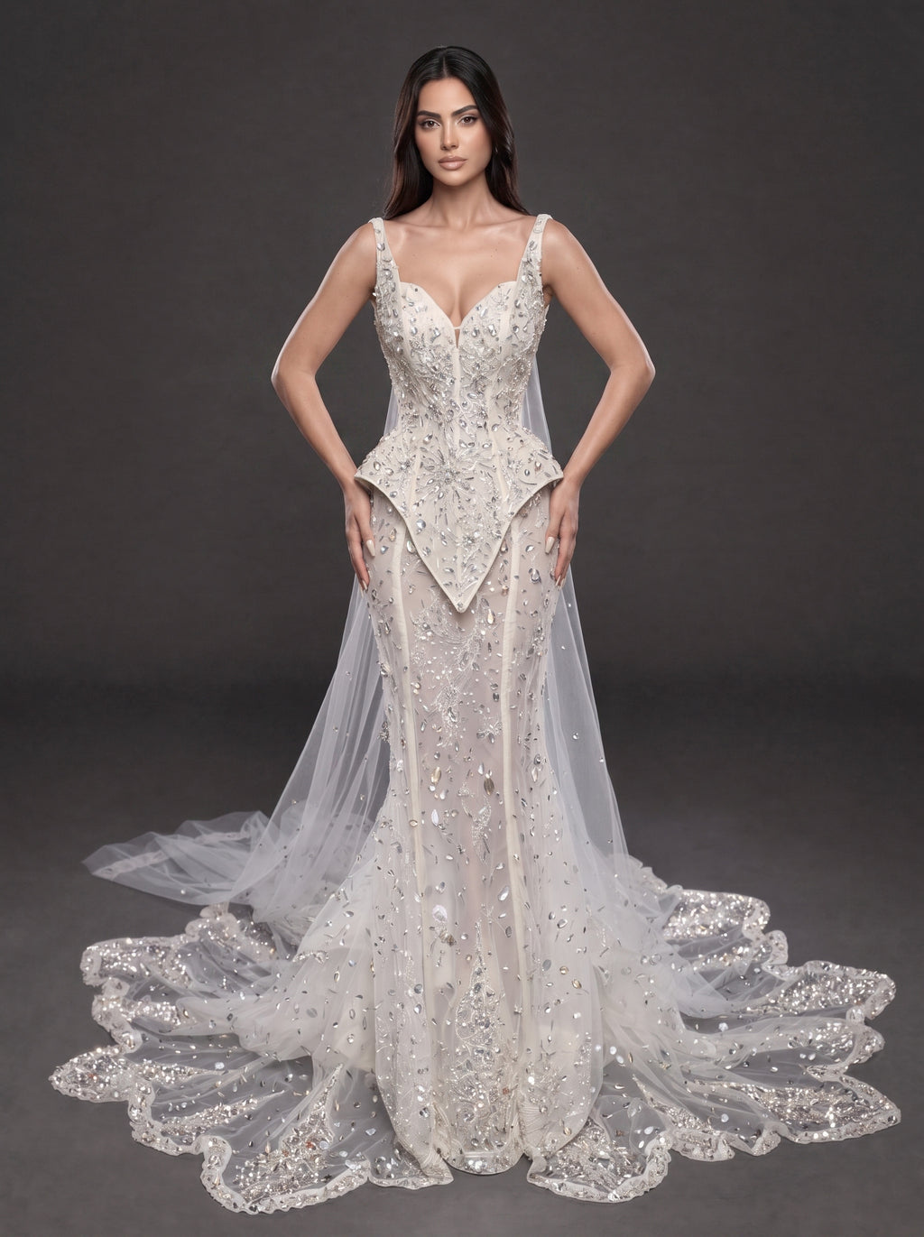 Ivory Crystal Embellished Corset Wedding Gown – Fitted Bridal Dress with Draped Tulle Cape & Train