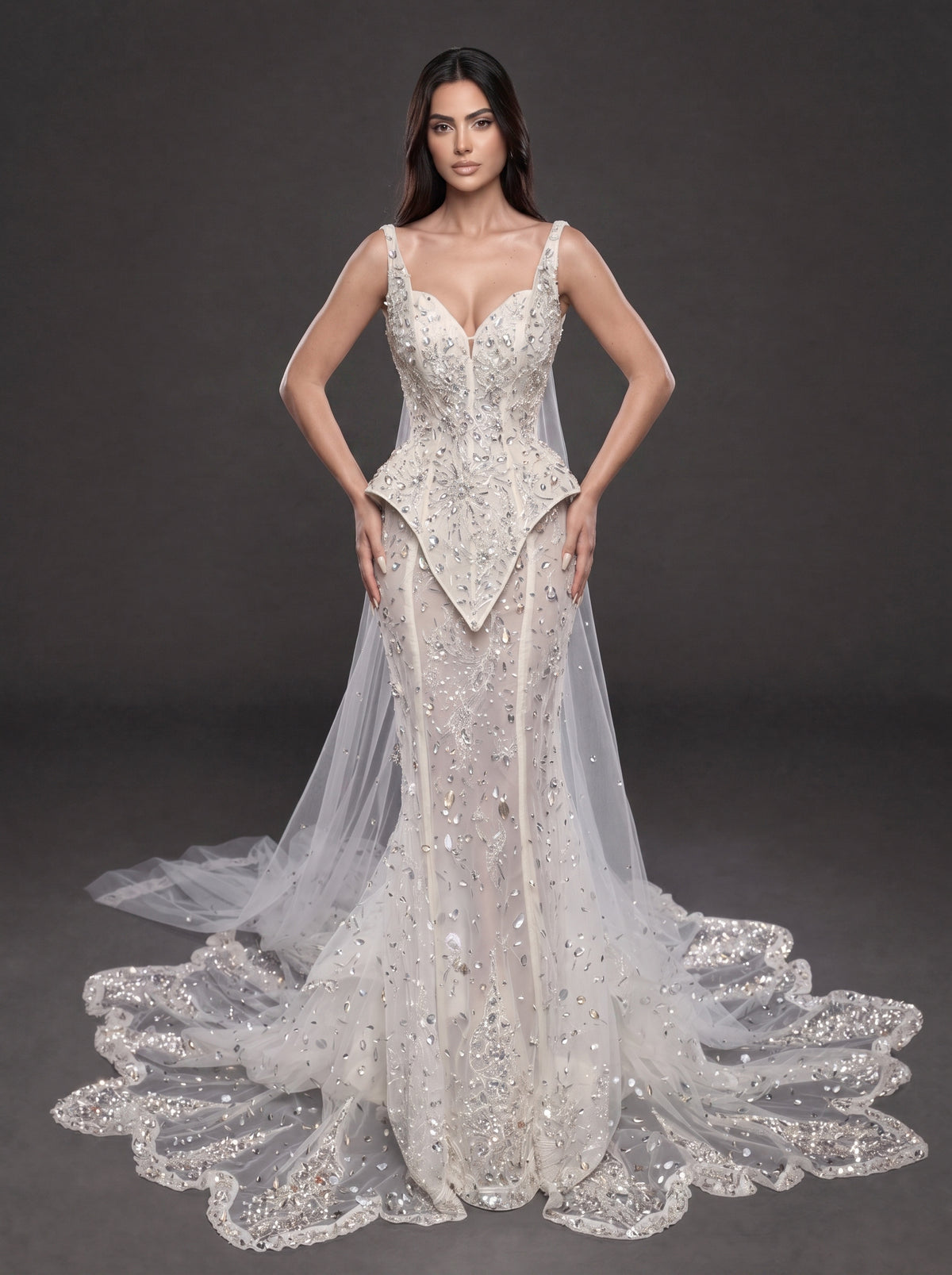 Ivory Crystal Embellished Corset Wedding Gown – Fitted Bridal Dress with Draped Tulle Cape & Train