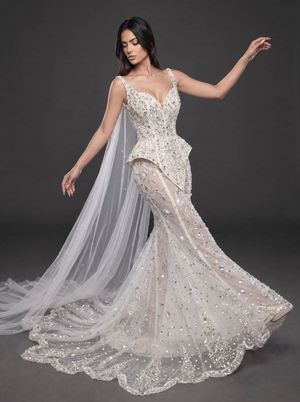 Ivory Crystal Embellished Corset Wedding Gown – Fitted Bridal Dress with Draped Tulle Cape & Train