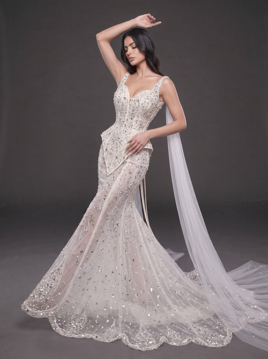 Ivory Crystal Embellished Corset Wedding Gown – Fitted Bridal Dress with Draped Tulle Cape & Train