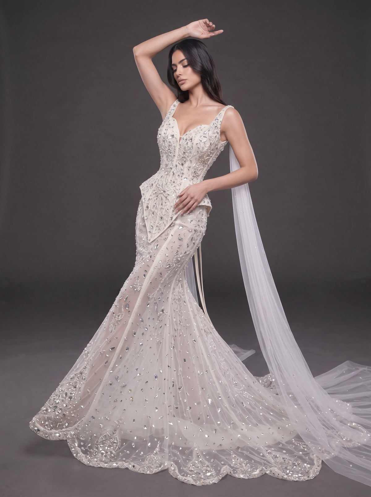 Ivory Crystal Embellished Corset Wedding Gown – Fitted Bridal Dress with Draped Tulle Cape & Train