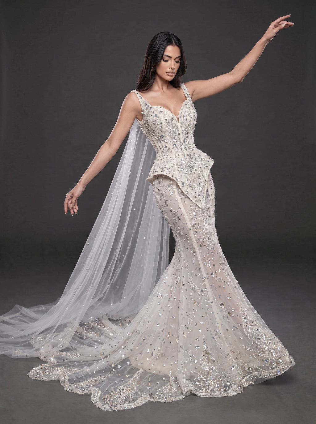 Ivory Crystal Embellished Corset Wedding Gown – Fitted Bridal Dress with Draped Tulle Cape & Train