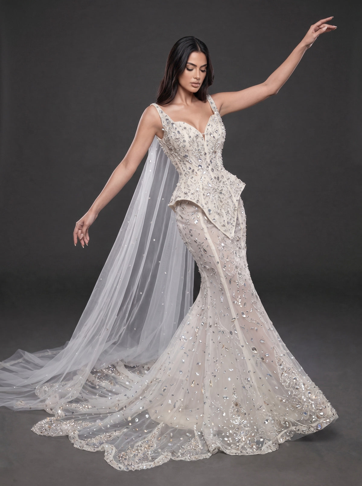 Ivory Crystal Embellished Corset Wedding Gown – Fitted Bridal Dress with Draped Tulle Cape & Train