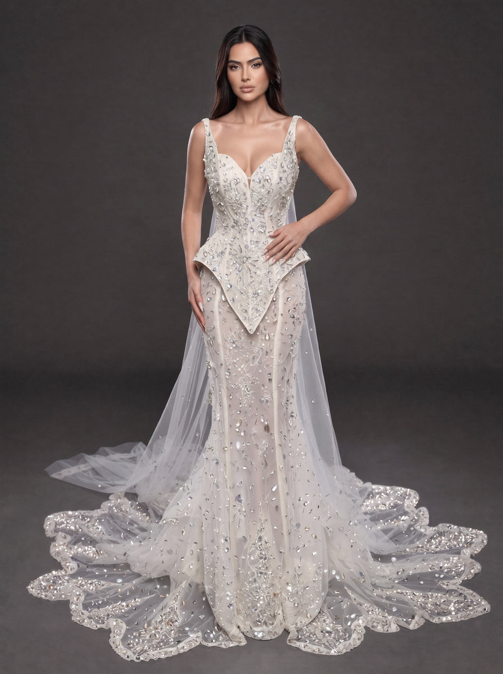 Ivory Crystal Embellished Corset Wedding Gown – Fitted Bridal Dress with Draped Tulle Cape & Train