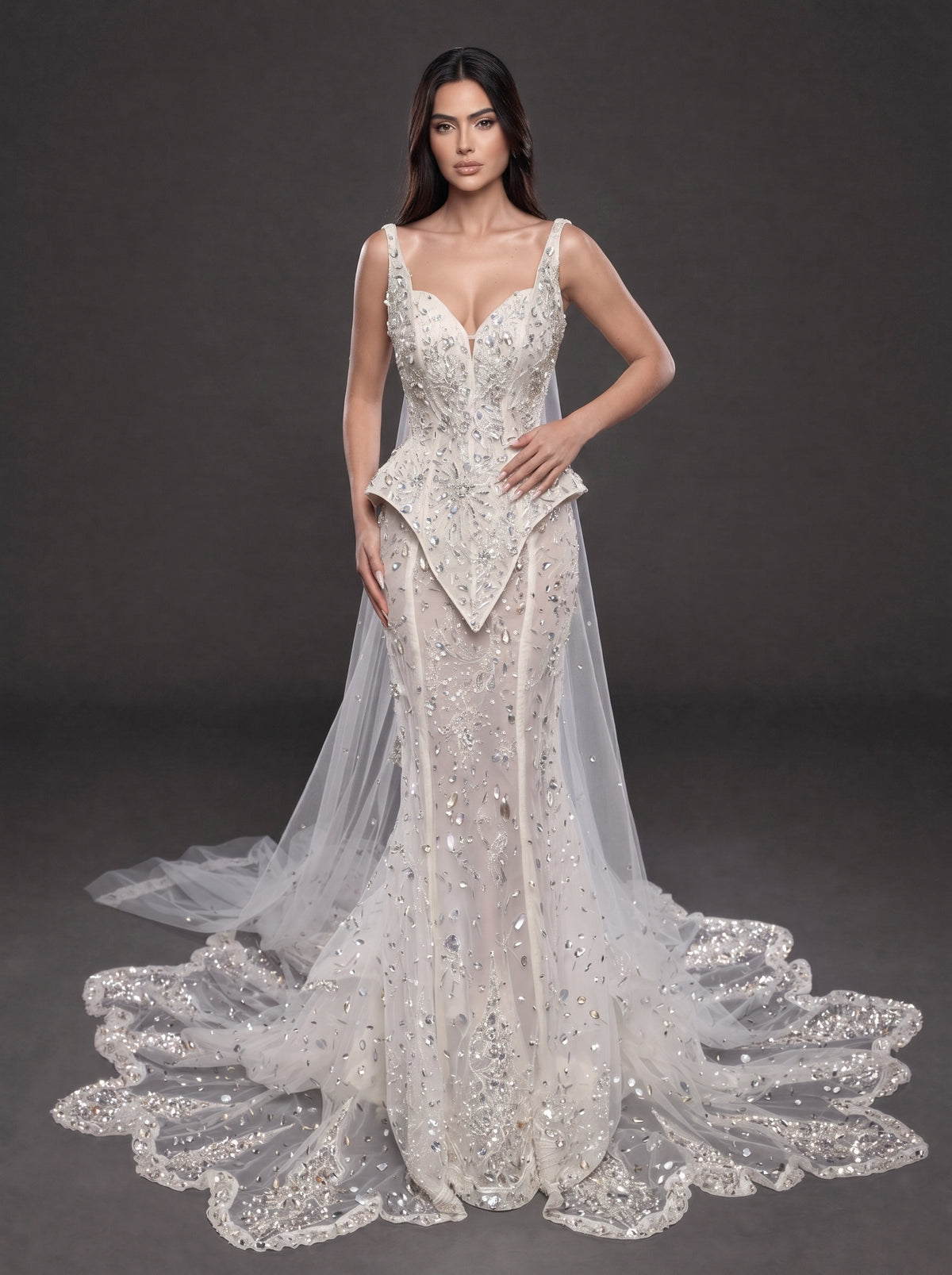 Ivory Crystal Embellished Corset Wedding Gown – Fitted Bridal Dress with Draped Tulle Cape & Train