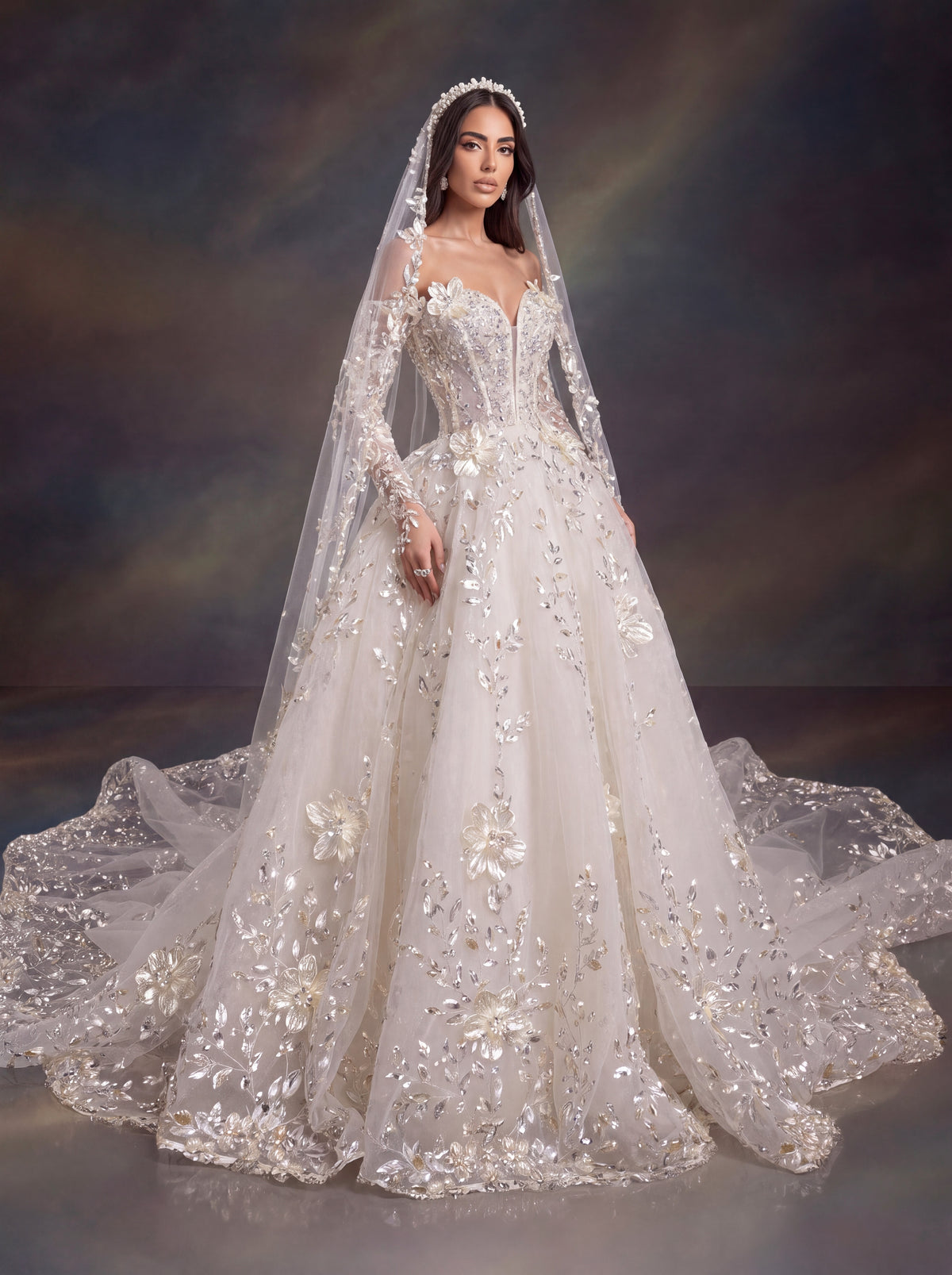 Ivory 3D Floral Embellished Ball Gown Wedding Dress & Cathedral Veil  – Corset Bridal Gown with Long Sleeves & Cathedral Veil