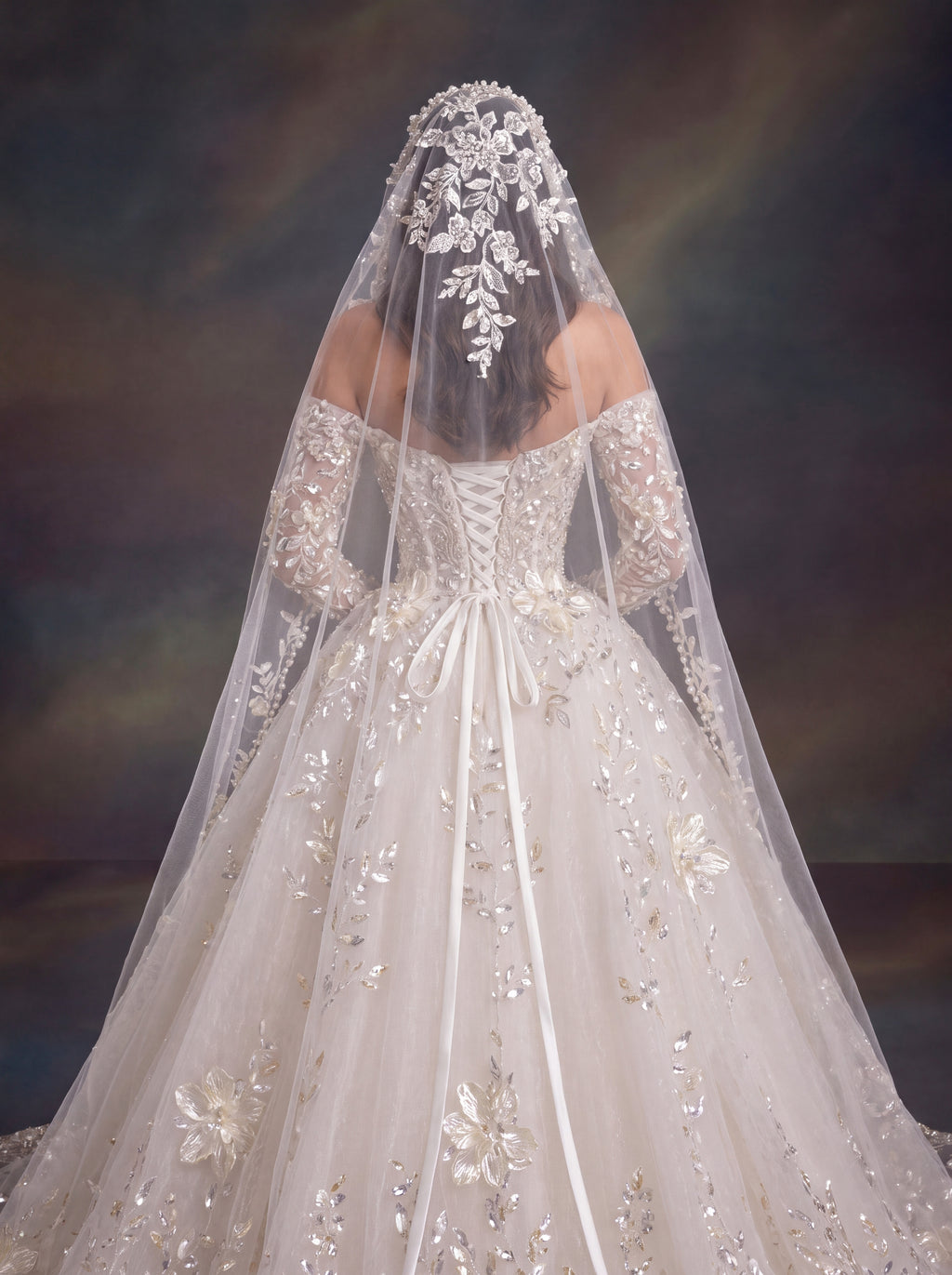 Ivory 3D Floral Embellished Ball Gown Wedding Dress & Cathedral Veil  – Corset Bridal Gown with Long Sleeves & Cathedral Veil