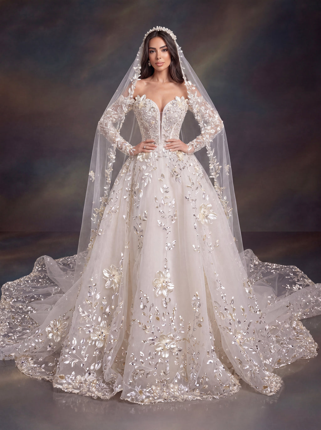 Ivory 3D Floral Embellished Ball Gown Wedding Dress & Cathedral Veil  – Corset Bridal Gown with Long Sleeves & Cathedral Veil