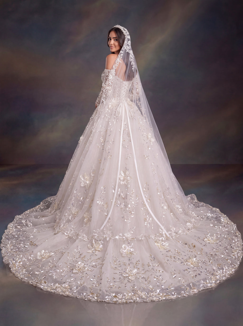 Ivory 3D Floral Embellished Ball Gown Wedding Dress & Cathedral Veil  – Corset Bridal Gown with Long Sleeves & Cathedral Veil