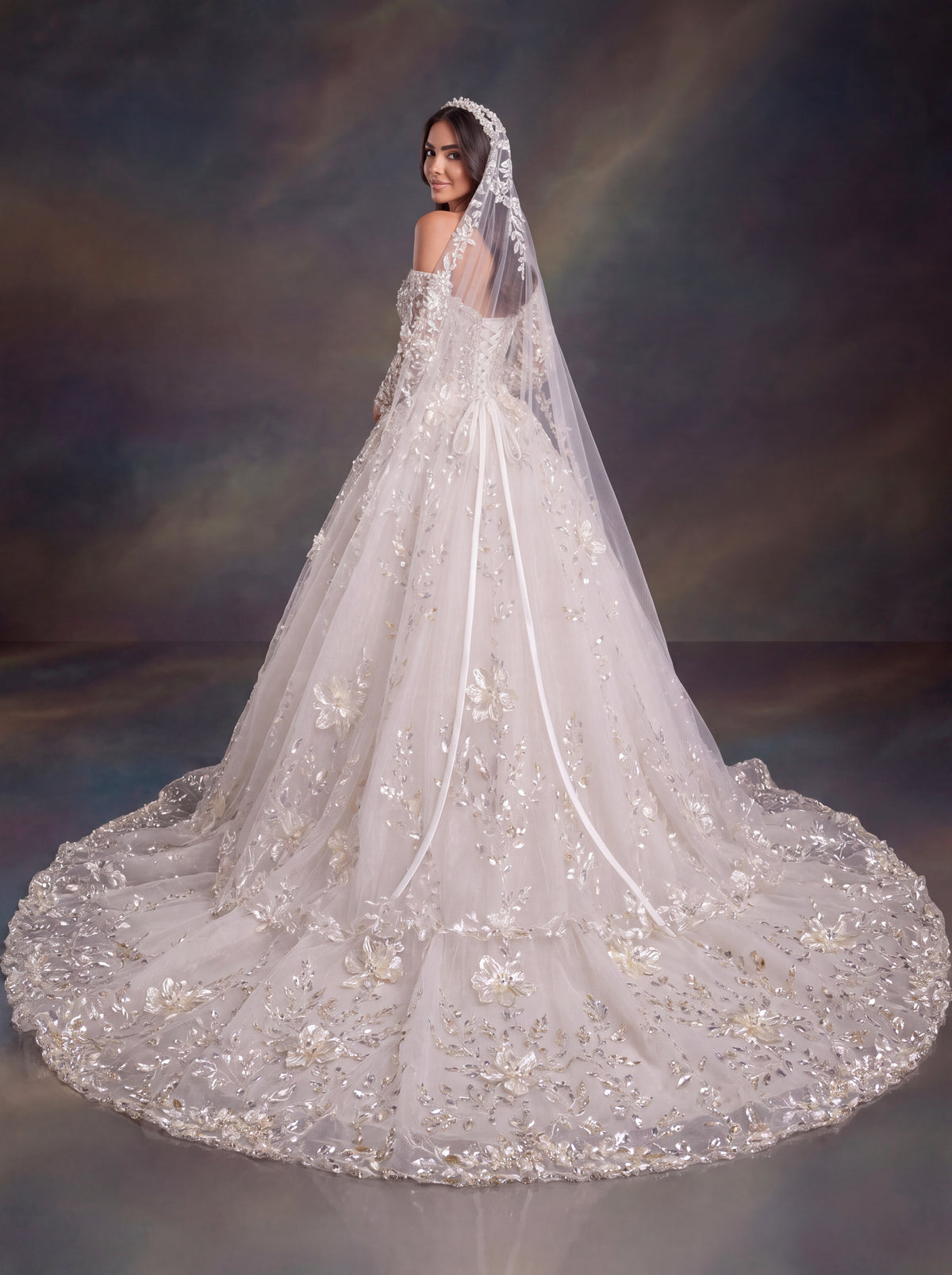 Ivory 3D Floral Embellished Ball Gown Wedding Dress & Cathedral Veil  – Corset Bridal Gown with Long Sleeves & Cathedral Veil