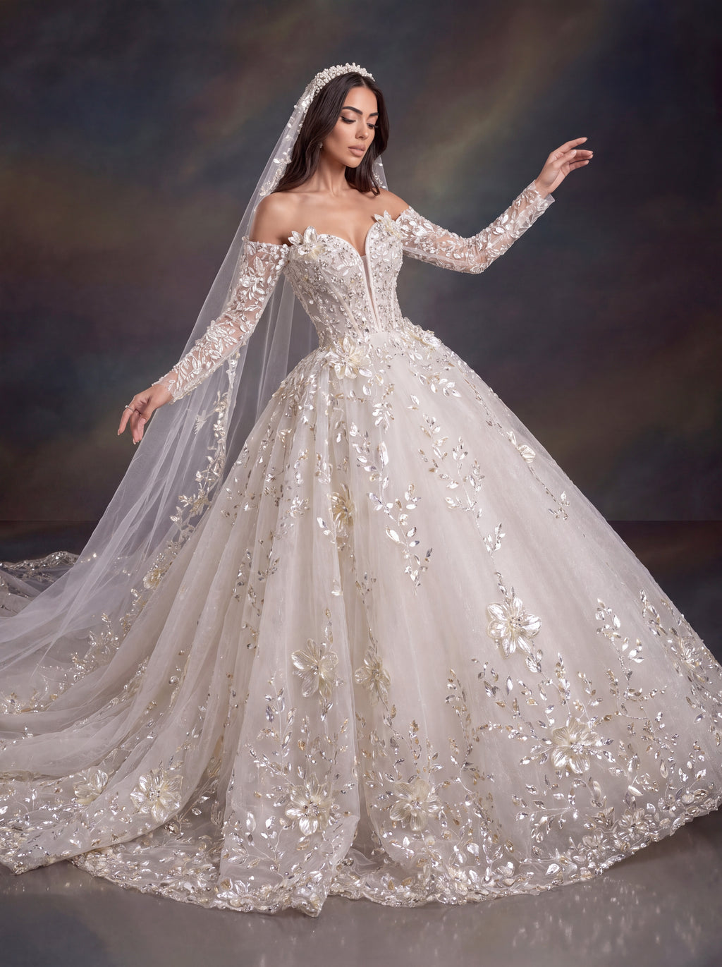 Ivory 3D Floral Embellished Ball Gown Wedding Dress & Cathedral Veil  – Corset Bridal Gown with Long Sleeves & Cathedral Veil