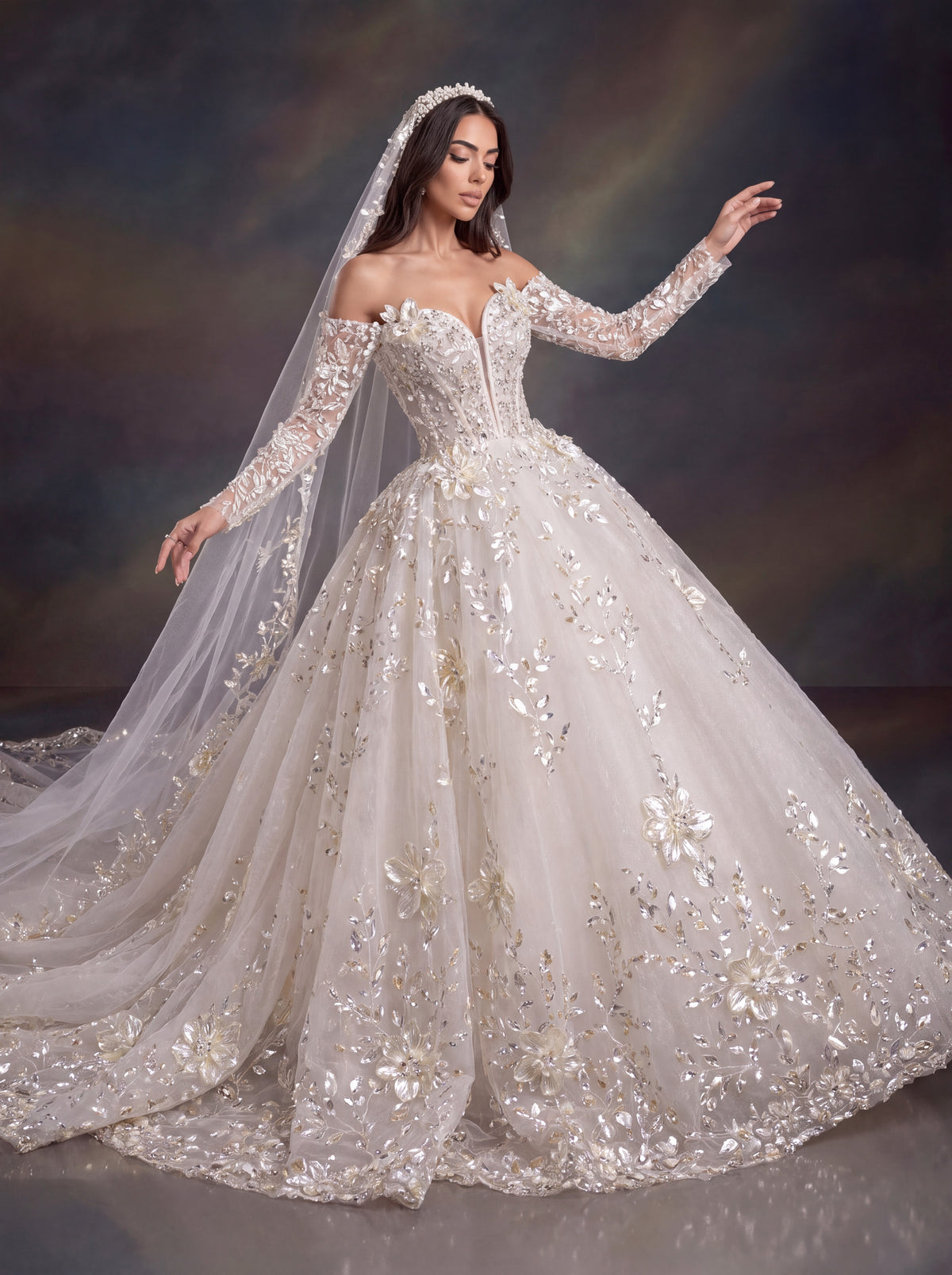 Ivory 3D Floral Embellished Ball Gown Wedding Dress & Cathedral Veil  – Corset Bridal Gown with Long Sleeves & Cathedral Veil