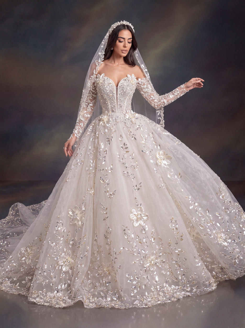 Ivory 3D Floral Embellished Ball Gown Wedding Dress & Cathedral Veil  – Corset Bridal Gown with Long Sleeves & Cathedral Veil