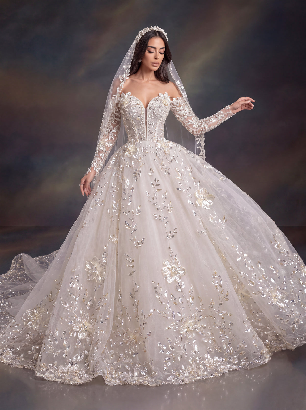 Ivory 3D Floral Embellished Ball Gown Wedding Dress & Cathedral Veil  – Corset Bridal Gown with Long Sleeves & Cathedral Veil