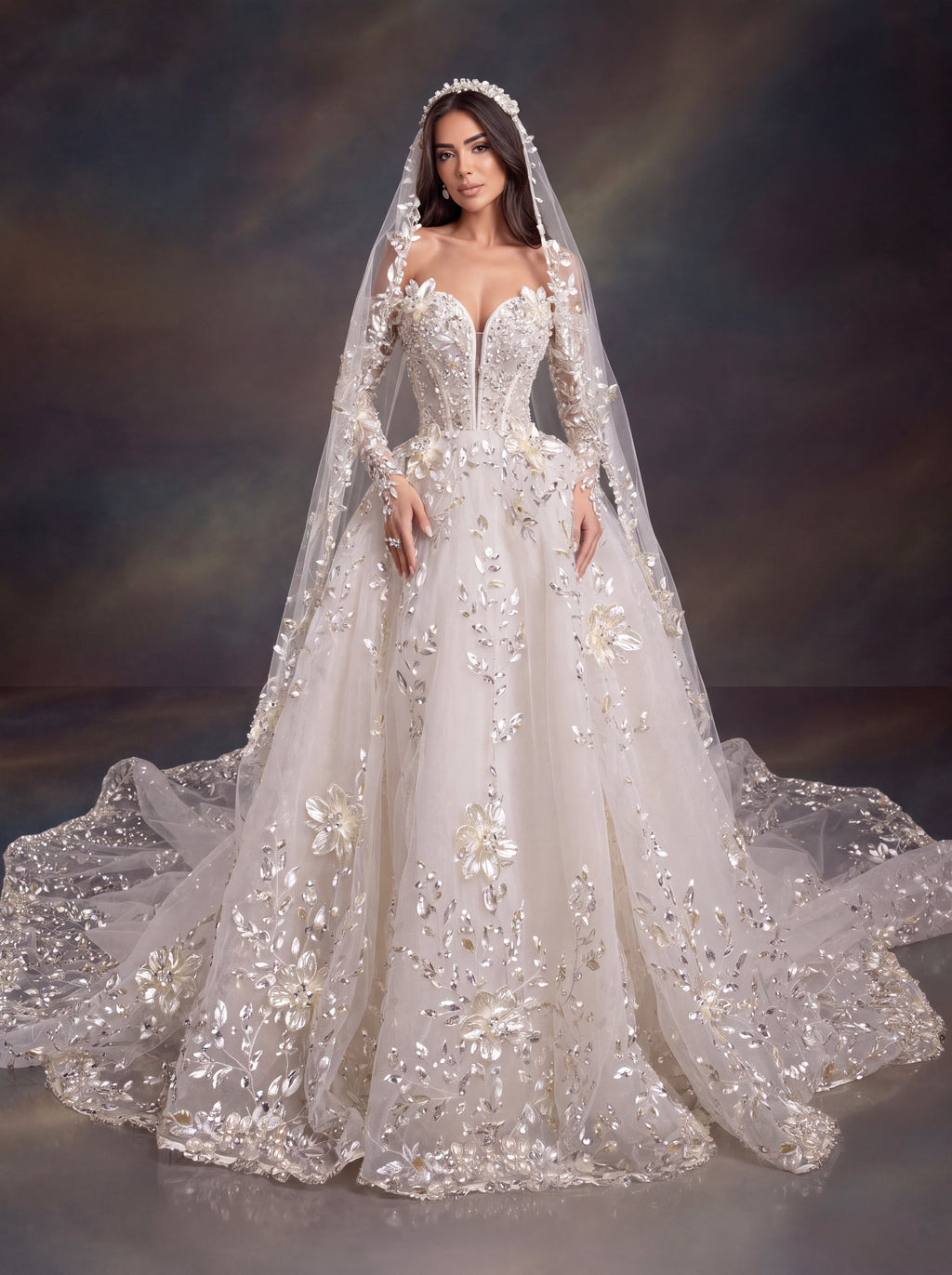 Ivory 3D Floral Embellished Ball Gown Wedding Dress & Cathedral Veil  – Corset Bridal Gown with Long Sleeves & Cathedral Veil