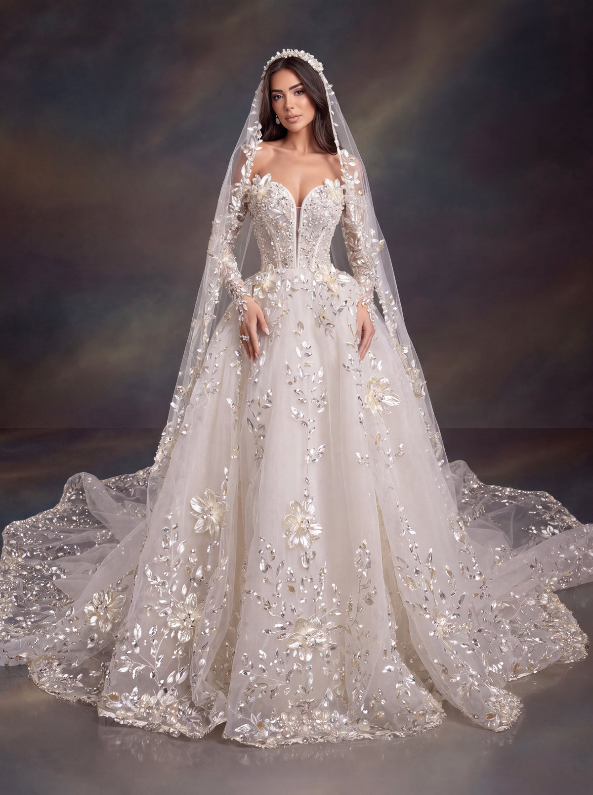 Ivory 3D Floral Embellished Ball Gown Wedding Dress & Cathedral Veil  – Corset Bridal Gown with Long Sleeves & Cathedral Veil