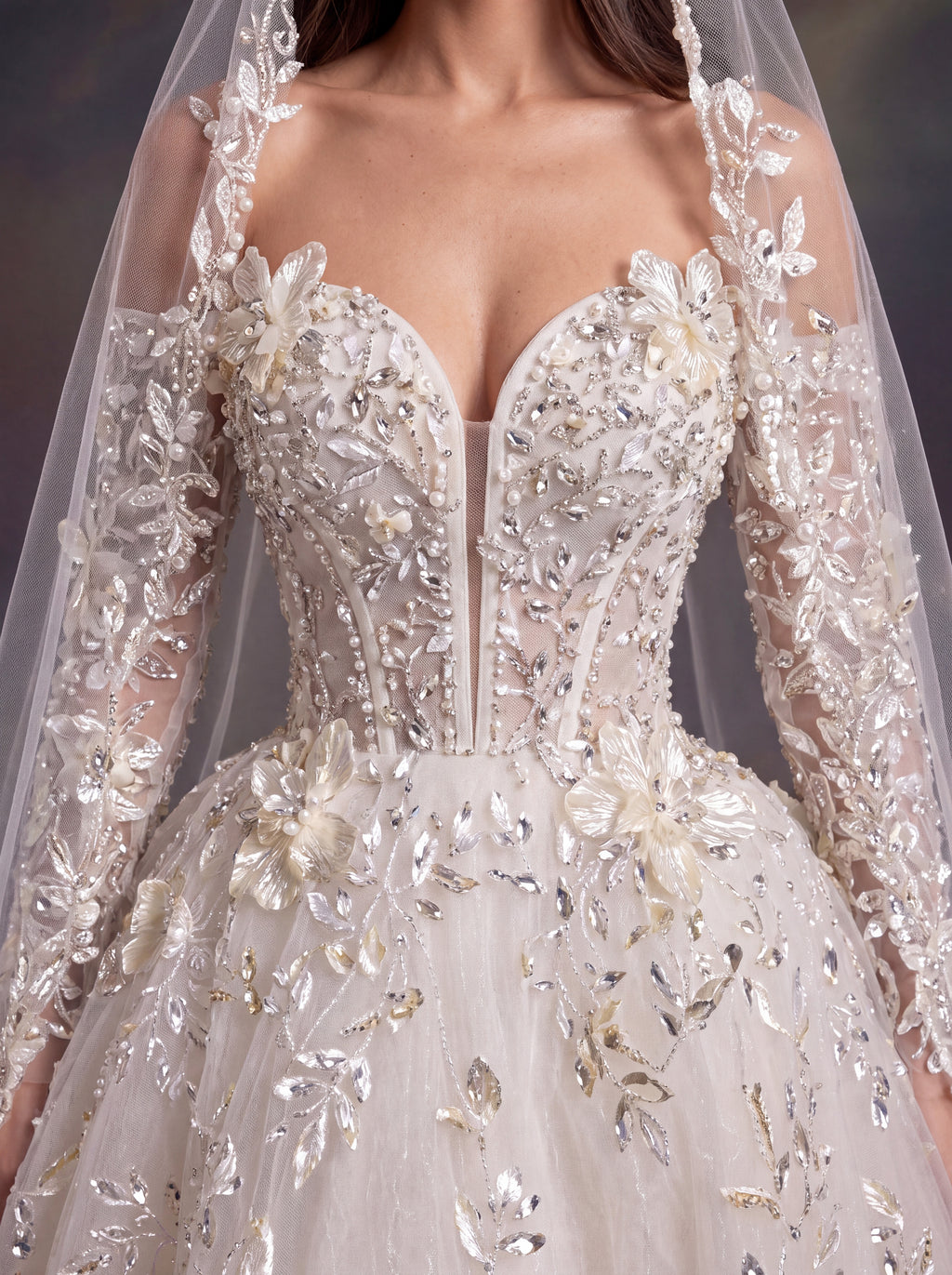Ivory 3D Floral Embellished Ball Gown Wedding Dress & Cathedral Veil  – Corset Bridal Gown with Long Sleeves & Cathedral Veil