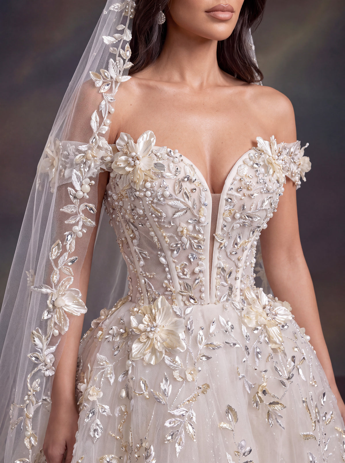 Ivory 3D Floral Embellished Ball Gown Wedding Dress & Cathedral Veil  – Corset Bridal Gown with Long Sleeves & Cathedral Veil