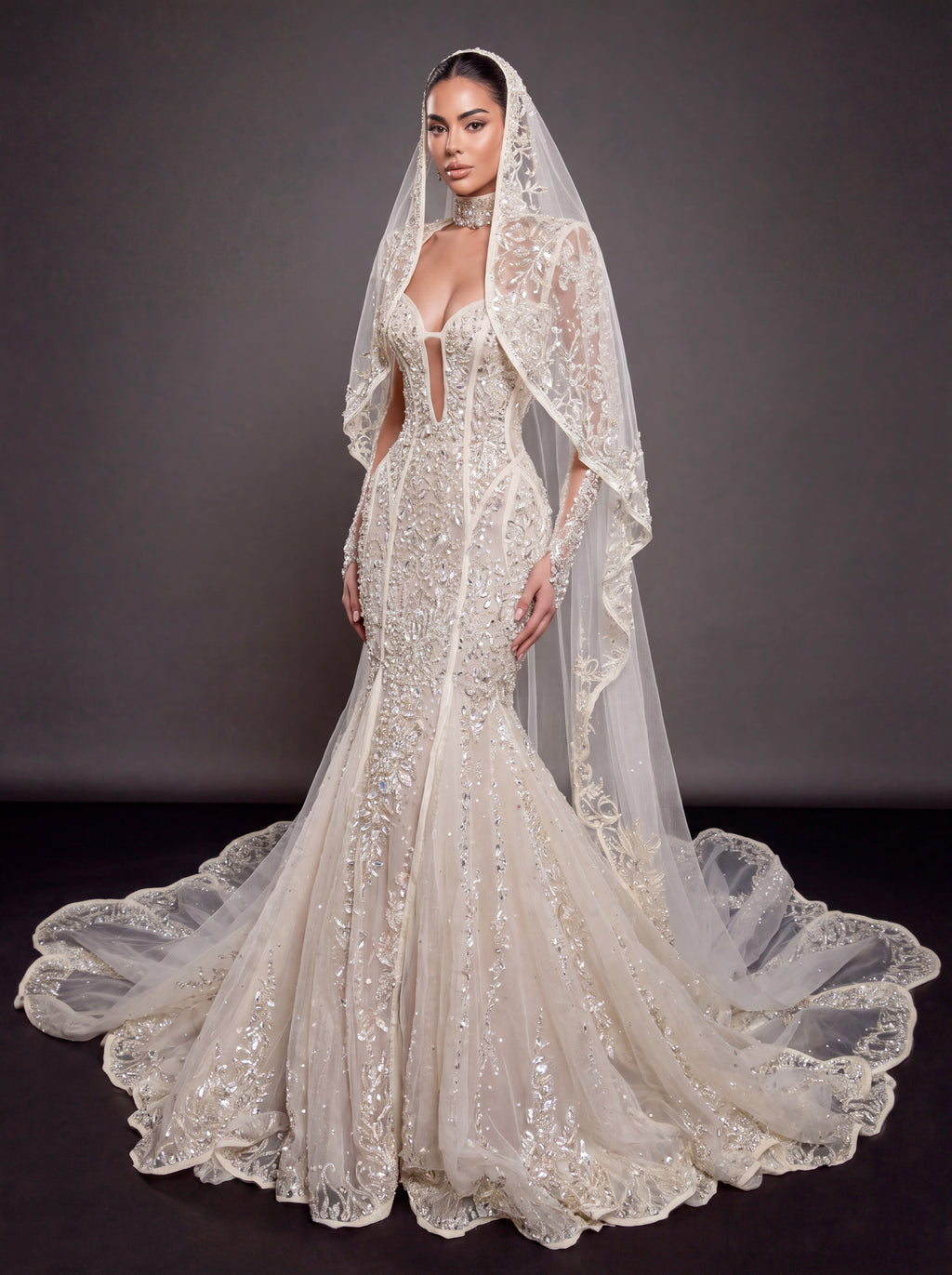 Ivory Crystal Embellished Mermaid Wedding Dress & Embroidered Cathedral Veil – Corset Bridal Gown with Plunging Neckline & Embroidered Cathedral Veil
