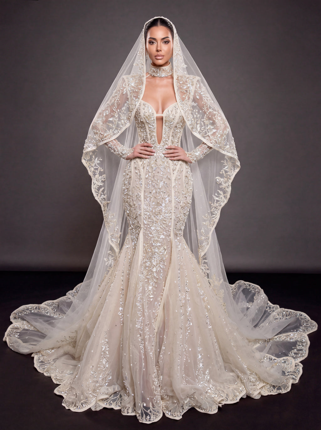 Ivory Crystal Embellished Mermaid Wedding Dress & Embroidered Cathedral Veil – Corset Bridal Gown with Plunging Neckline & Embroidered Cathedral Veil