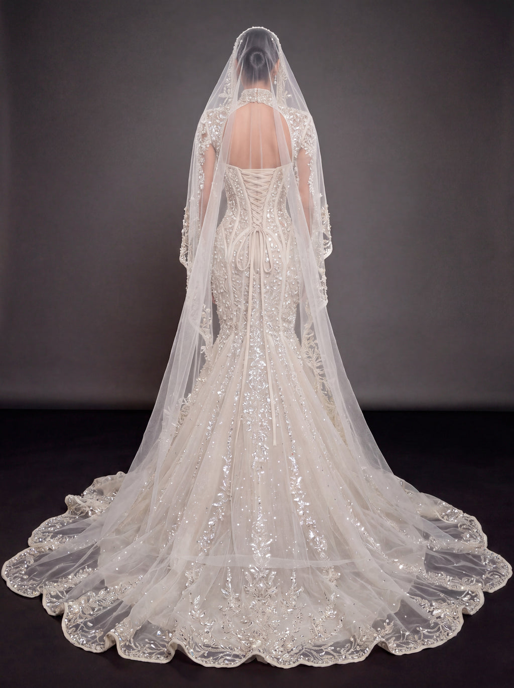 Ivory Crystal Embellished Mermaid Wedding Dress & Embroidered Cathedral Veil – Corset Bridal Gown with Plunging Neckline & Embroidered Cathedral Veil